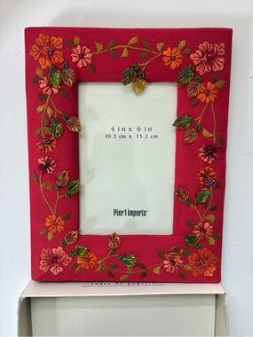 Pier 1 Red Floral Beaded Embroidered Photo Frame 4x6 New In Box